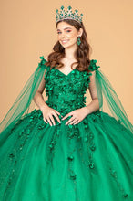 Emerald Green Floral Applique Glitter Quinceanera Ballgown