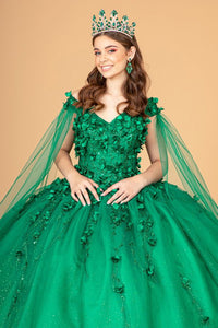 Emerald Green Floral Applique Glitter Quinceanera Ballgown