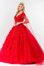 Red Floral Applique Glitter Quinceanera Ballgown