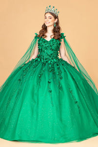 Emerald Green Floral Applique Glitter Quinceanera Ballgown