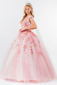 Blush Floral Applique Glitter Quinceanera Ballgown