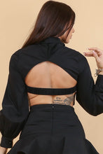 Black Collar Crop Button Ribbon Bluse