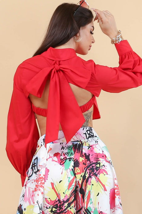Red Collar Crop Button Ribbon Bluse