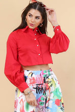 Red Collar Crop Button Ribbon Bluse