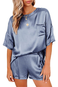 Blue 2 Pieces Satin Sleepwear Set