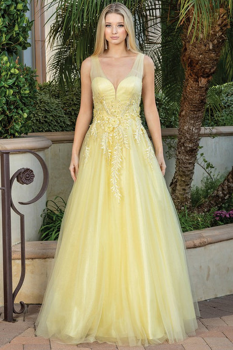 Yellow 3D Floral Applique A Line Dress