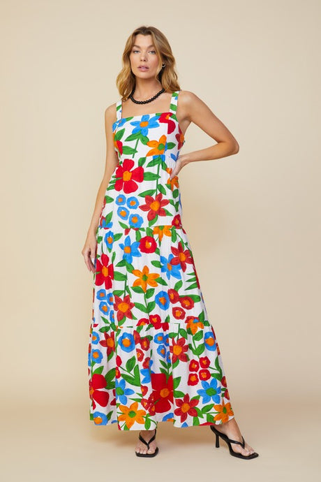 White-Red Sleeveless Floral Print Tiered Maxi Dress