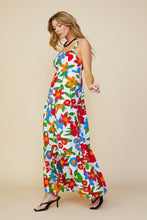 White-Red Sleeveless Floral Print Tiered Maxi Dress