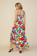 White-Red Sleeveless Floral Print Tiered Maxi Dress