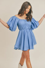 French Blue Bubble Sleeve Flared Mini Dress