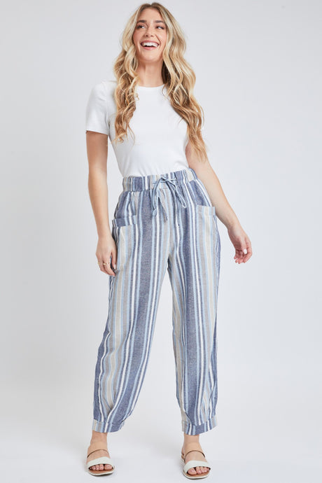 Blue Multi Missy Linen Jogger Pant With Pleated Hem