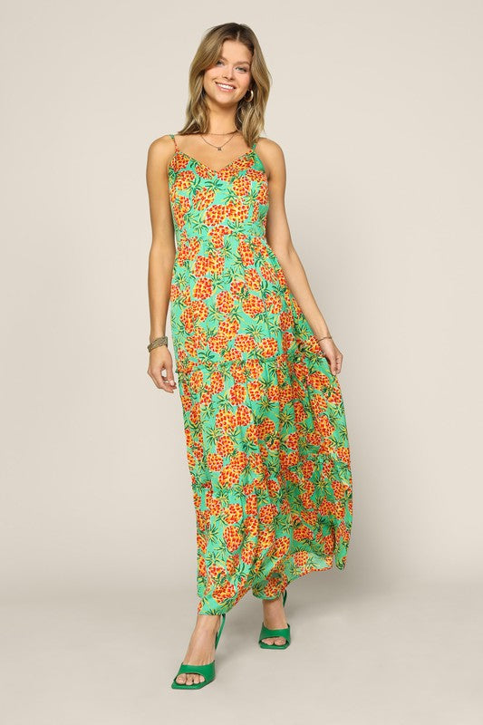 Green Orange Sleeveless Tropical Pineapple Print Maxi Dress Aquarius Brand Green Orange Sleeveless Tropical Pineapple Print Maxi Dress Aquarius Brand