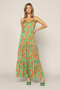 Green Orange Sleeveless Tropical Pineapple Print Maxi Dress