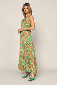 Green Orange Sleeveless Tropical Pineapple Print Maxi Dress