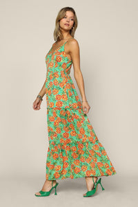Green Orange Sleeveless Tropical Pineapple Print Maxi Dress