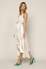 Champagne Sleeveless Ruffled Satin Wrap Maxi Dress