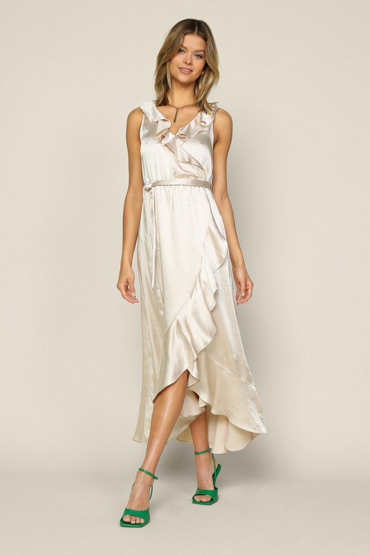 Champagne Sleeveless Ruffled Satin Wrap Maxi Dress