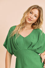 Kelly Green A V-Neck Dolman Short Sleeve Woven Blouse With Front Pleat Details
