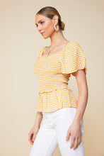 Mustard Ivory Short Sleeve Smocked Peplum Squareneck Top