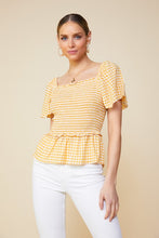 Mustard Ivory Short Sleeve Smocked Peplum Squareneck Top