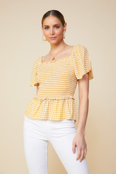 Mustard Ivory Short Sleeve Smocked Peplum Squareneck Top