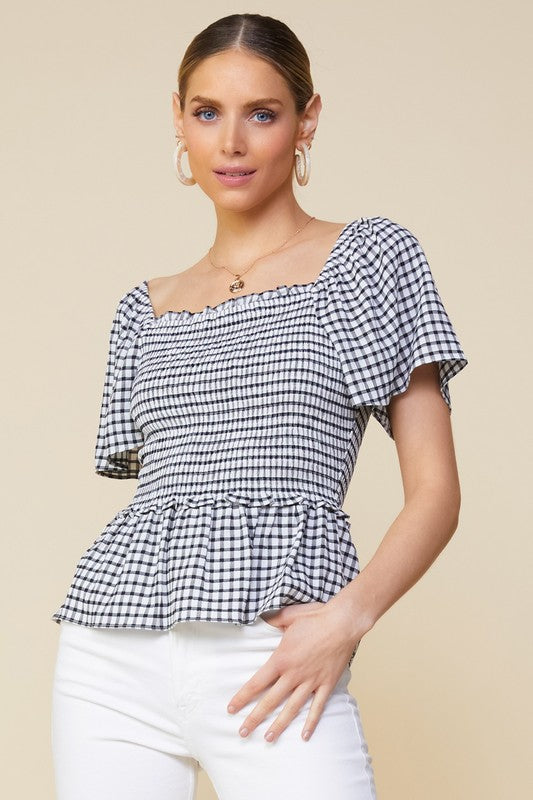 Black White Short Sleeve Smocked Peplum Squareneck Top Black White Short Sleeve Smocked Peplum Squareneck Top