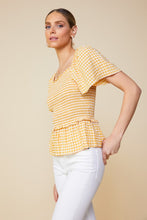 Mustard Ivory Short Sleeve Smocked Peplum Squareneck Top