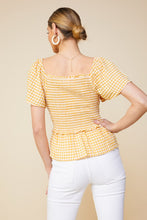 Mustard Ivory Short Sleeve Smocked Peplum Squareneck Top
