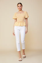 Mustard Ivory Short Sleeve Smocked Peplum Squareneck Top