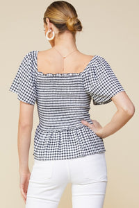 Black White Short Sleeve Smocked Peplum Squareneck Top