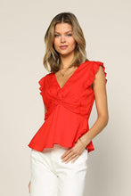 Coral Red Short Flutter Sleeve Front Twist V Neck Blouse