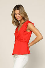 Coral Red Short Flutter Sleeve Front Twist V Neck Blouse