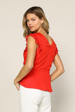 Coral Red Short Flutter Sleeve Front Twist V Neck Blouse