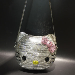Silver-Rose Red Kitty Rhinestone Evening Bag