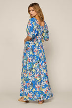 Blue-White Short Puff Sleeve Floral Print Maxi Dress