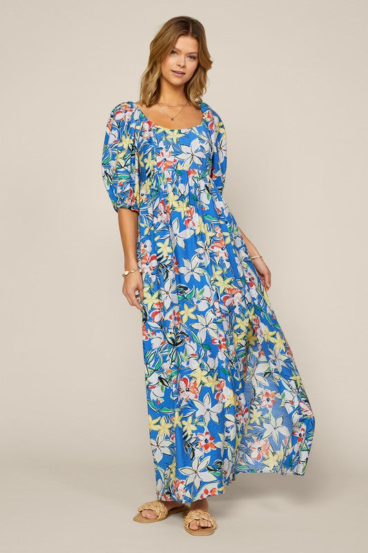 Blue-White Short Puff Sleeve Floral Print Maxi Dress