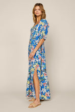 Blue-White Short Puff Sleeve Floral Print Maxi Dress