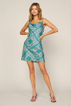 Blue-Green Cami Cowl Neck Satin Paisley Print Mini Dress