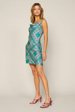 Blue-Green Cami Cowl Neck Satin Paisley Print Mini Dress