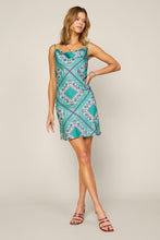 Blue-Green Cami Cowl Neck Satin Paisley Print Mini Dress