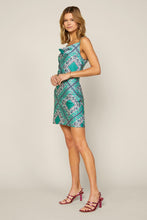 Blue-Green Cami Cowl Neck Satin Paisley Print Mini Dress