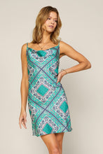 Blue-Green Cami Cowl Neck Satin Paisley Print Mini Dress