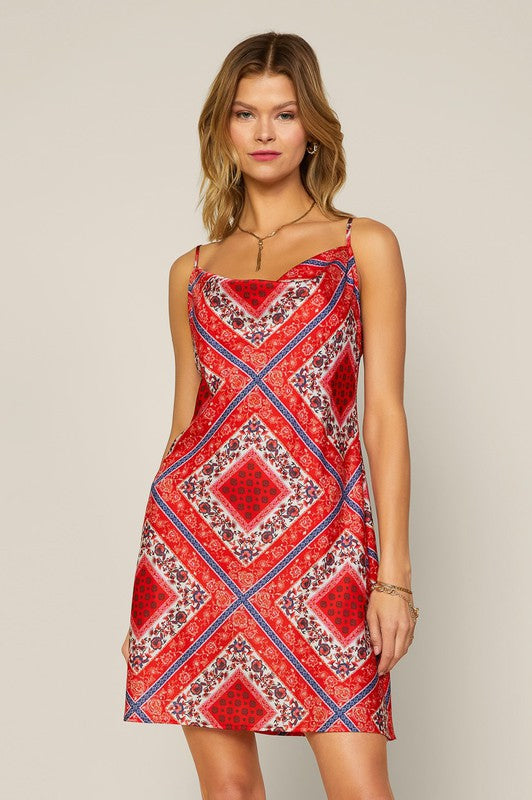 Red Navy Cami Cowl Neck Satin Paisley Print Mini Dress
