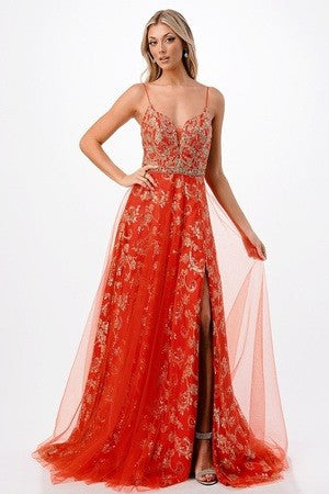 Orange A-Line Chiffon Sequin Long Dress