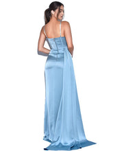 Elayna Pale Blue Satin Corset High Slit Gown