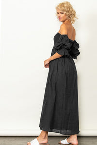 Black On And Off Shoulder Smocked Chest Maxi Linen Dress