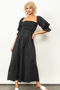 Black On And Off Shoulder Smocked Chest Maxi Linen Dress