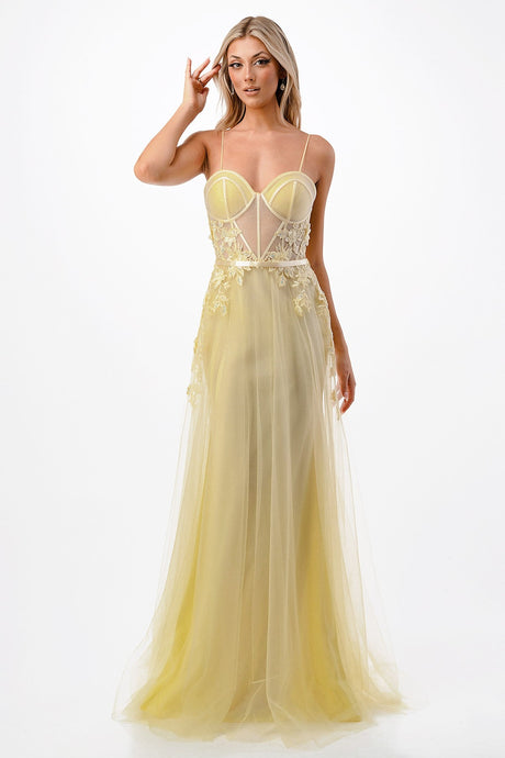 Yellow Chiffon Sweetheart Spaghetti Srtapes Sheer Illusion Open-Back Open-Shoulder Long Dress