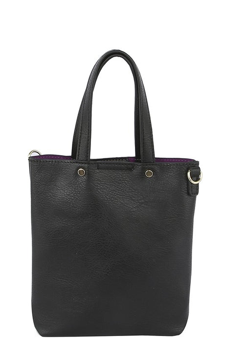 Black Textured Tote Bag With Pattern Strap