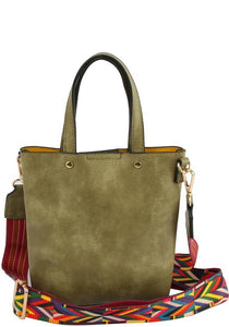 Olive Textured Tote Bag With Pattern Strap